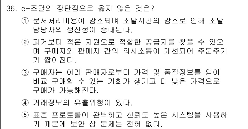 유통관리사_1급 2018년 36번 - e-조달의 장단점 중에서 옳지 않은 선택지는 '5'번입니다. 이는 표준 ... 에 관한 핵심 기출문제