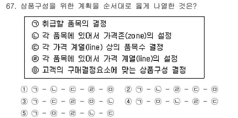 유통관리사_1급 2018년 67번 - 정답 '2'는 상품 계획의 순서를 반영하고 있습니다. 첫째로 '각 제품에... 에 관한 핵심 기출문제