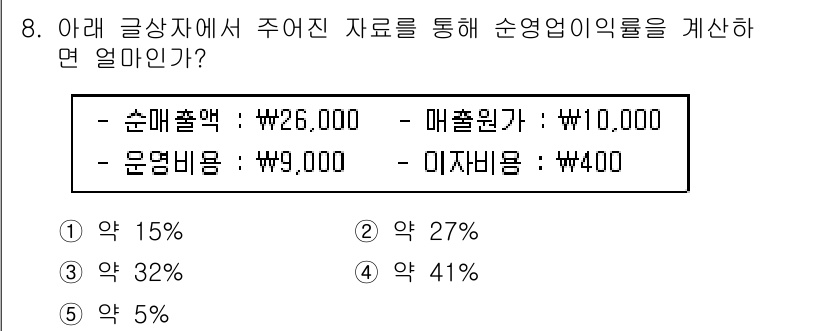 유통관리사_1급 2018년 8번 - 순영업이익률은 순이익을 매출액으로 나눈 후 100을 곱해 구합니다. 주어... 에 관한 핵심 기출문제