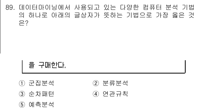 유통관리사_1급 2018년 89번 - 정답 '3'인 순차 패턴 분석은 데이터 분석에서 과거의 구매 행동을 기반... 에 관한 핵심 기출문제