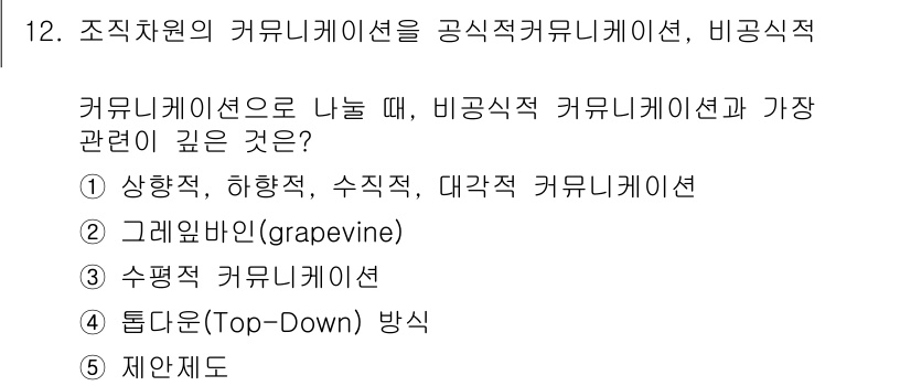 유통관리사_1급 2019년 12번 - 비공식적 커뮤니케이션은 직원들 간의 비공식적인 소통을 의미하며, 이는 주... 에 관한 핵심 기출문제