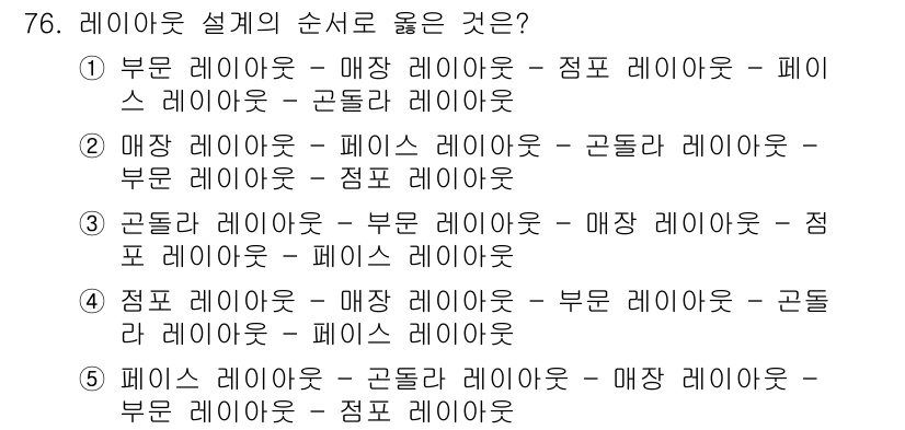 유통관리사_1급 2019년 76번 - 레이아웃 설계의 순서는 일반적으로 위계 구조에 따라 진행됩니다. '점포 ... 에 관한 핵심 기출문제