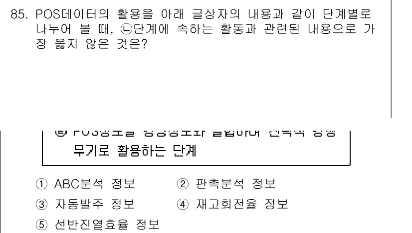 유통관리사_1급 2019년 85번 - POS 데이터의 활용 단계에서 '무기로 활용하는 단계'에 해당하지 않는 ... 에 관한 핵심 기출문제