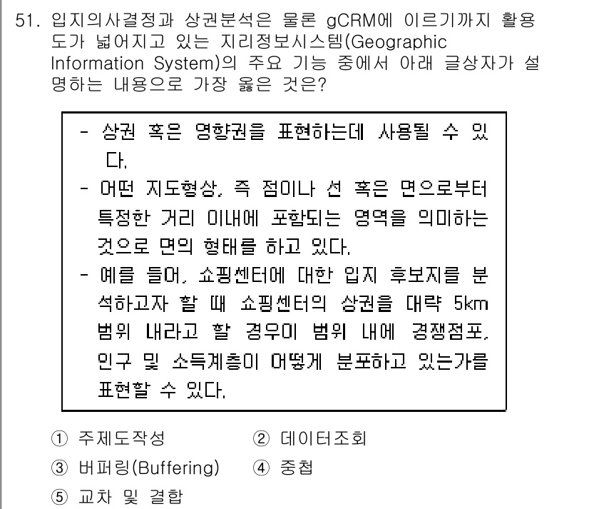 유통관리사_1급 2020년 51번 - 주어진 문제는 지리정보시스템(GIS)의 중요한 기능을 물어보고 있습니다.... 에 관한 핵심 기출문제