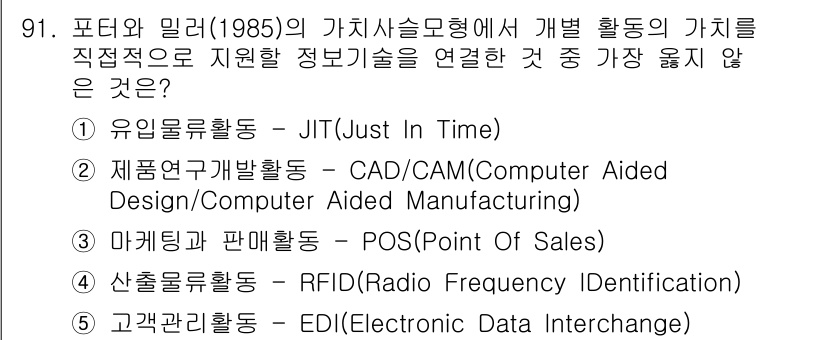 유통관리사_1급 2020년 91번 - 포터와 밀러의 가치사슬 모형에서 JIT는 유입물류활동을 효율적으로 관리하... 에 관한 핵심 기출문제