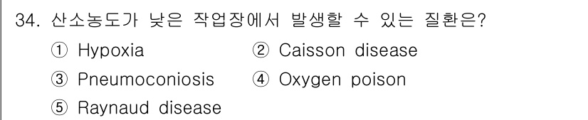 산업보건지도사 2015년 34번 - 산소 농도가 낮은 작업장에서 발생할 수 있는 질환은 **Hypoxia**... 에 관한 핵심 기출문제