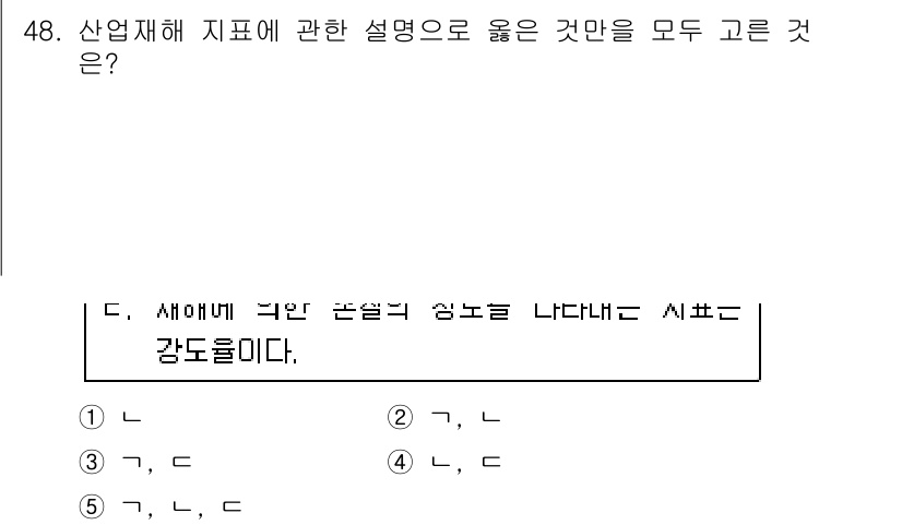 산업보건지도사 2015년 48번 - 산업재해 지표에 대한 설명에서 '산업재해 유발 위험 요소'와 '예방 조치... 에 관한 핵심 기출문제