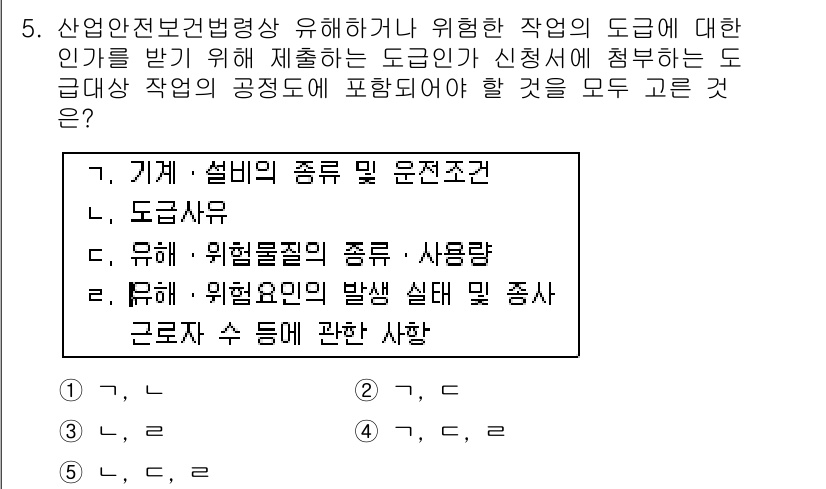 산업보건지도사 2015년 5번 - 정답 '4'는 산업안전보건법령에 따라 위험한 작업을 수행할 때 필요한 도... 에 관한 핵심 기출문제