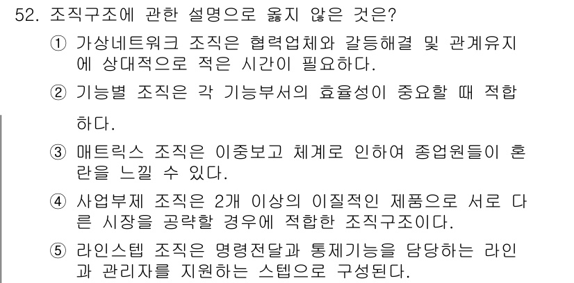 산업보건지도사 2015년 52번 - 정답이 '1'인 이유는 가상네트워크 조직은 협력업체와의 관계를 효과적으로... 에 관한 핵심 기출문제
