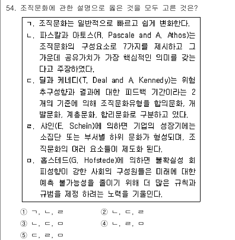 산업보건지도사 2015년 54번 - 조직 문화에 대한 설명 중 '4'가 정답인 이유는 각 설명이 조직 문화의... 에 관한 핵심 기출문제