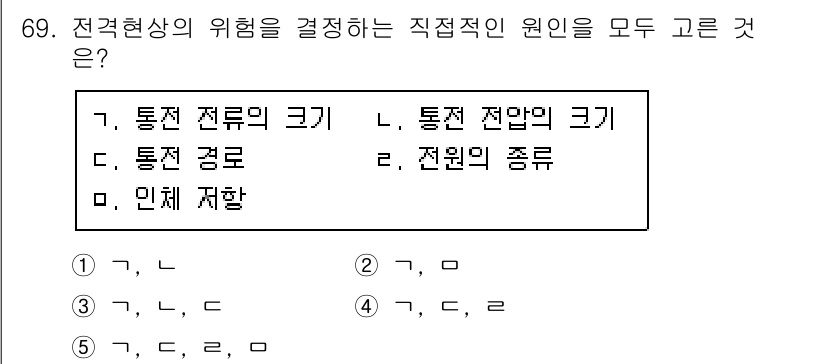 산업보건지도사 2015년 69번 - 전격현상의 위험을 결정하는 직접적인 원인은 주로 통전 전류의 크기, 통전... 에 관한 핵심 기출문제