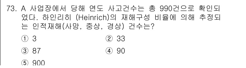 산업보건지도사 2015년 74번 - 하인리히의 재해구성 비율에 따르면, 사망, 중상, 경상 사고의 비율은 각... 에 관한 핵심 기출문제