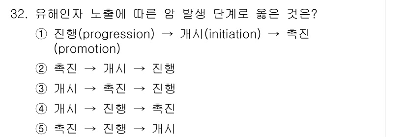 산업보건지도사 2016년 32번 - 유해인자 노출에 따른 암 발생 단계는 '개시 → 촉진 → 진행'의 순서로... 에 관한 핵심 기출문제