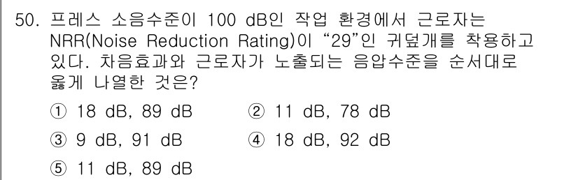 산업보건지도사 2016년 50번 - 주어진 소음 수준 100 dB에서 NRR 29 dB를 적용하면, 소음 저... 에 관한 핵심 기출문제