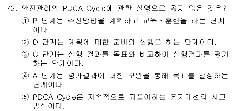 산업보건지도사 2016년 72번 - PDCA Cycle에서 A 단계는 'Act'로 평가 결과에 대한 보완을 ... 에 관한 핵심 기출문제