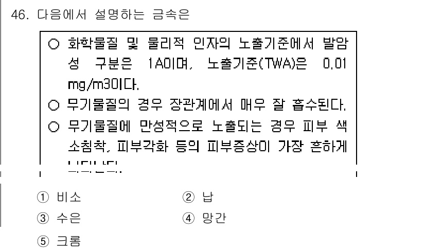 산업보건지도사 2017년 46번 - 문제에서 설명하는 금속은 '비소'입니다. 비소는 화학물질에 해당하며, 인... 에 관한 핵심 기출문제