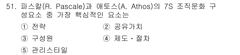 산업보건지도사 2017년 51번 - '7S' 프레임워크에서 '공유가치'는 조직의 중심이 되는 핵심 요소로, ... 에 관한 핵심 기출문제