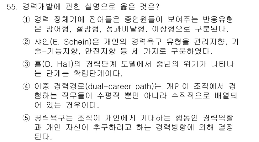 산업보건지도사 2017년 55번 - 정답인 '1'번은 경력 정체기에 따른 여러 경력 유형을 잘 설명하고 있습... 에 관한 핵심 기출문제