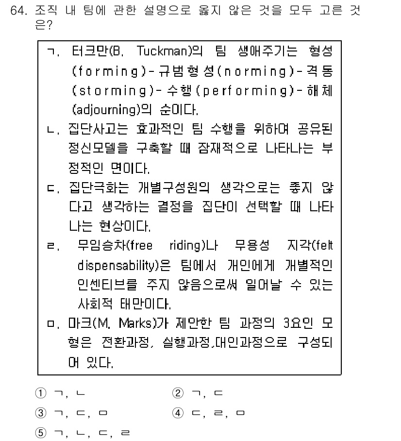 산업보건지도사 2017년 64번 - 정답 '2'가 맞는 이유는 '집단사고'의 설명이 잘못되었기 때문입니다. ... 에 관한 핵심 기출문제