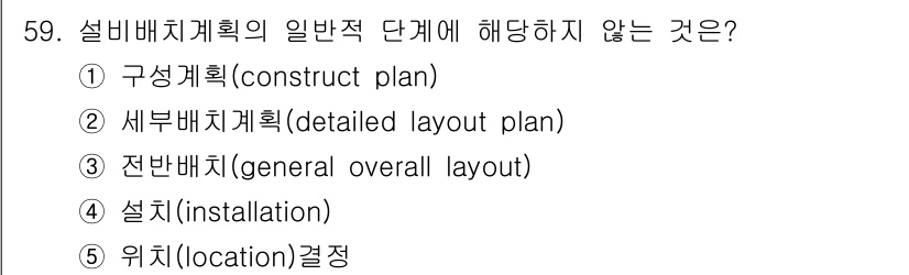 산업보건지도사 2018년 59번 - 설비배치계획의 일반적 단계는 구상, 세부 배치, 전반 배치 등으로 나뉘며... 에 관한 핵심 기출문제