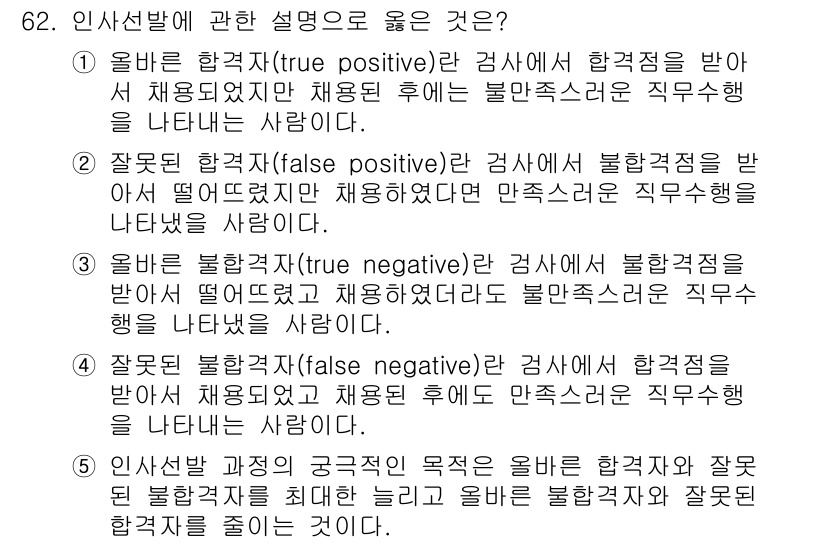산업보건지도사 2018년 62번 - '올바른 불합격자(true negative)'는 검사에서 불합격점을 받아... 에 관한 핵심 기출문제