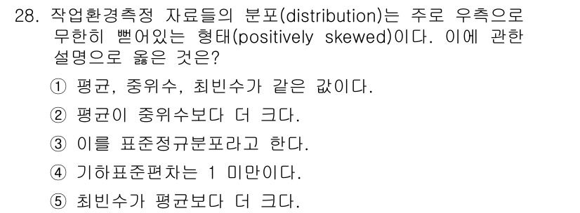 산업보건지도사 2019년 28번 - 정답인 '2'는 양의 왜도(positively skewed) 분포의 특징... 에 관한 핵심 기출문제