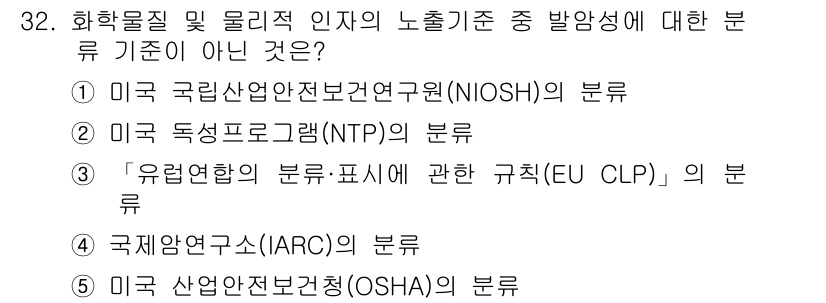 산업보건지도사 2019년 32번 - 정답이 '1'인 이유는 NIOSH(미국 국립산업안전보건연구원)는 주로 산... 에 관한 핵심 기출문제