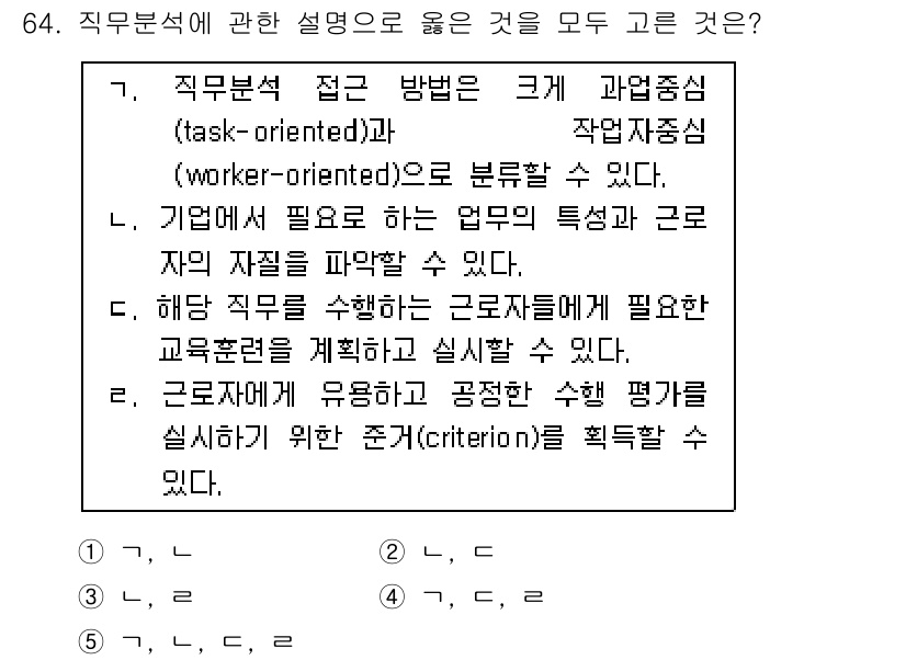 산업보건지도사 2019년 64번 - 직무분석에 대한 설명 중 '가', '나', '다', '라' 모두 옳은 설... 에 관한 핵심 기출문제