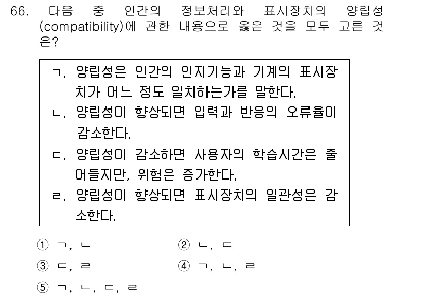 산업보건지도사 2019년 66번 - 정답 '1'은 인간의 정보 처리와 시스템의 호환성을 설명하는 데 적절한 ... 에 관한 핵심 기출문제