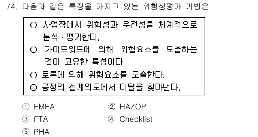 산업보건지도사 2019년 74번 - 주어진 설명은 HAZOP(위험성 분석 방법)와 관련된 특성을 나타냅니다.... 에 관한 핵심 기출문제
