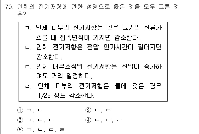 산업보건지도사 2020년 70번 - 인체의 전기저항에 관한 설명에서 '올바른 것'을 찾는 문제입니다. 'ㅁ'... 에 관한 핵심 기출문제