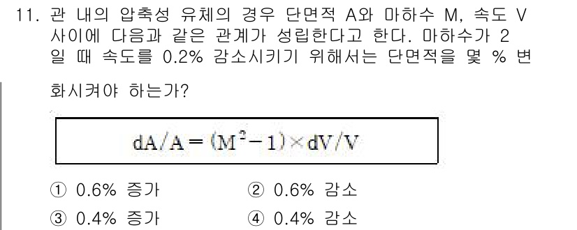 가스기사 2020년 11번 - 주어진 공식에서 압축성 유체의 단면적 변화 비율(dA/A)은 마하수 M와... 에 관한 핵심 기출문제