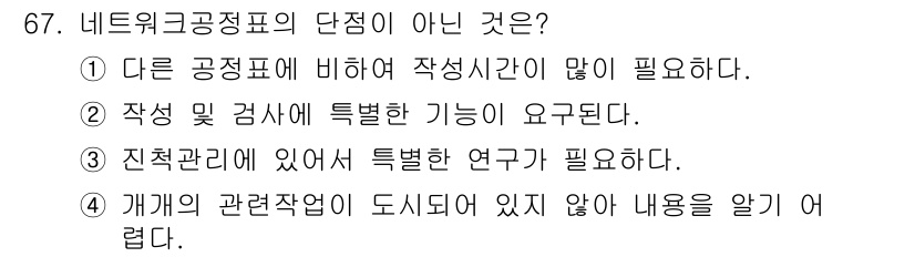 건설안전기사 2020년 67번 - 정답이 '4'인 이유는 네트워크공정표의 단점으로 '개인의 관련작업이 도시... 에 관한 핵심 기출문제
