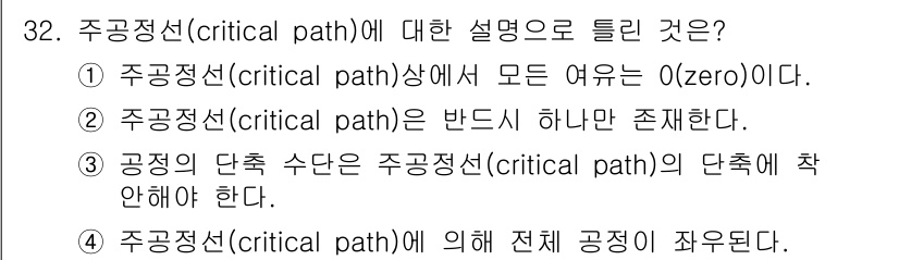 건설재료시험기사 2020년 32번 - 주공정선(critical path)은 프로젝트에서 전체 기간에 영향을 미... 에 관한 핵심 기출문제