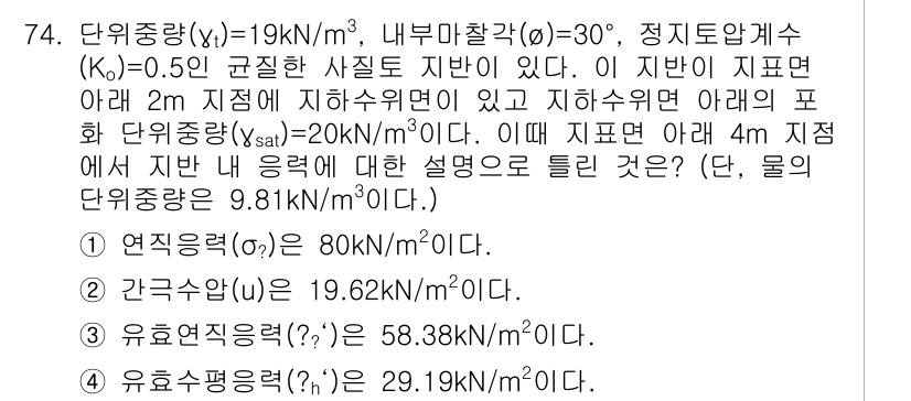 건설재료시험기사 2020년 75번 - 주어진 문제는 지반 내 응력 계산과 관련된 내용을 다루고 있습니다. 기초... 에 관한 핵심 기출문제