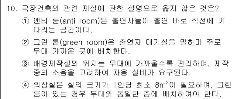 실내건축기사(구) 2020년 10번 - 정답이 '4'인 이유는 의상실의 크기가 1인당 최소 8㎡여야 한다는 규정... 에 관한 핵심 기출문제
