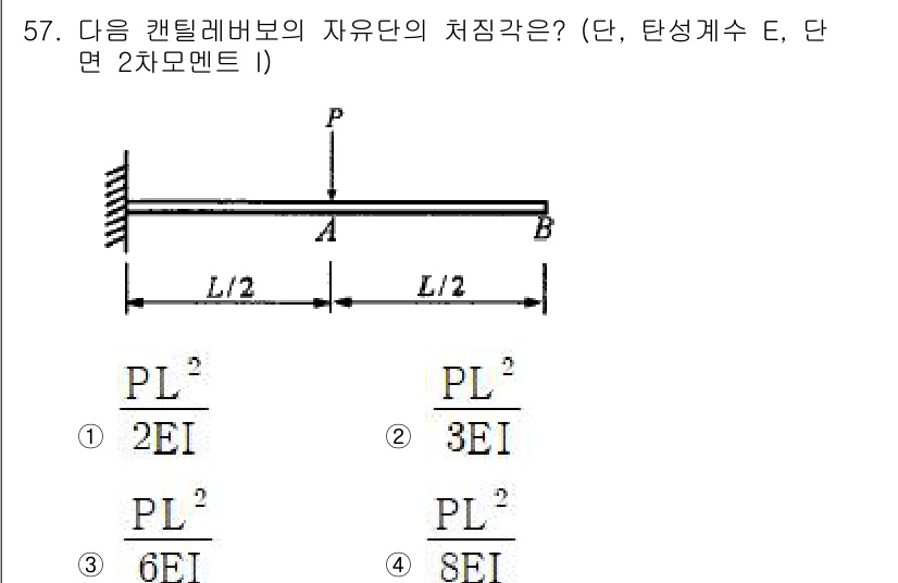 실내건축기사 2020년 57번 - 주어진 문제에서 캔틸레버 보의 자유단에서의 처짐각은 보의 길이와 하중, ... 에 관한 핵심 기출문제