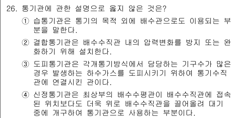 건축설비기사 2020년 26번 - 정답 '3'은 도피통기관의 설명이 올바르지 않기 때문에 선택됩니다. 도피... 에 관한 핵심 기출문제