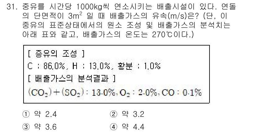 대기환경기사 2020년 31번 - 주어진 문제는 배출가스의 유속을 계산하는 과정을 묻고 있습니다. 이 문제... 에 관한 핵심 기출문제