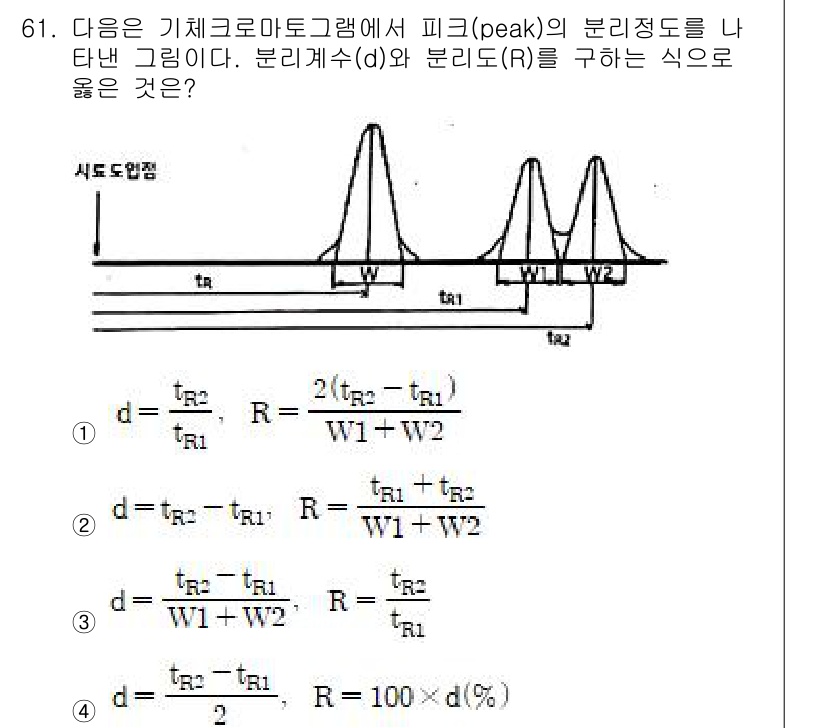 대기환경기사 2020년 61번 - 주어진 문제는 기체크로마토그래피에서 피크의 분리 정도를 설명하는 식을 묻... 에 관한 핵심 기출문제