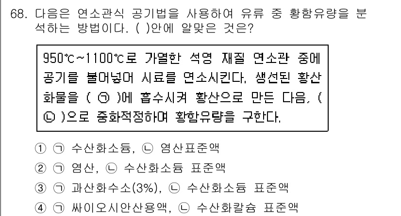 대기환경기사 2020년 68번 - 문제에서 주어진 내용은 연소과정을 통해 생성된 황산 화합물을 분석하는 방... 에 관한 핵심 기출문제