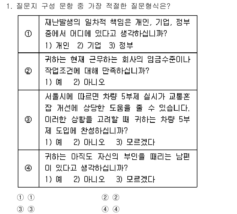 사회조사분석사_1급 2020년 1번 - 주어진 질문 중 4번은 개인의 의견이나 생각을 묻는 형태로, 주관적인 답... 에 관한 핵심 기출문제