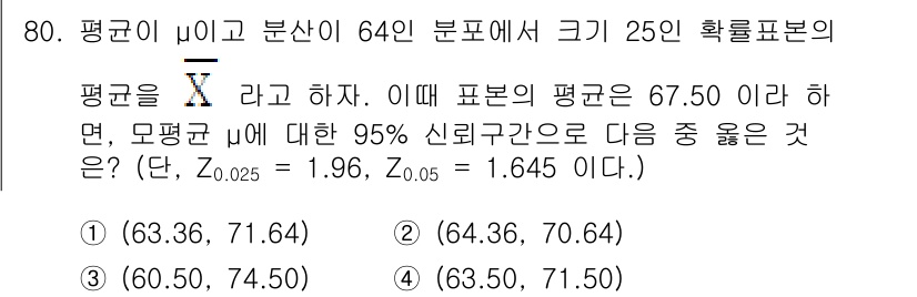 사회조사분석사_1급 2020년 80번 - 주어진 문제는 모집단 평균에 대한 95% 신뢰구간을 구하는 것입니다. 표... 에 관한 핵심 기출문제