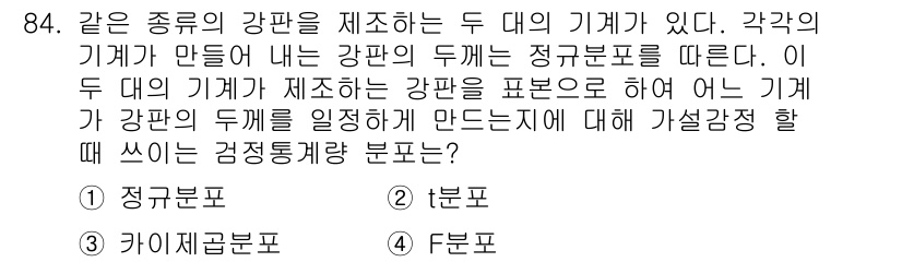 사회조사분석사_1급 2020년 84번 - 주어진 문제는 두 개의 기계가 동일한 종류의 강판을 제조할 때 발생하는 ... 에 관한 핵심 기출문제