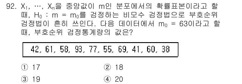사회조사분석사_1급 2020년 92번 - 주어진 데이터에서 모평균 \( m_0 = 63 \)에서 각 값이 얼마나 ... 에 관한 핵심 기출문제