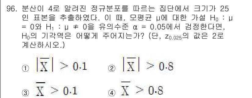 사회조사분석사_1급 2020년 96번 - 주어진 문제는 모평균에 대한 가설 검정에서 기각역을 설정하는 상황입니다.... 에 관한 핵심 기출문제