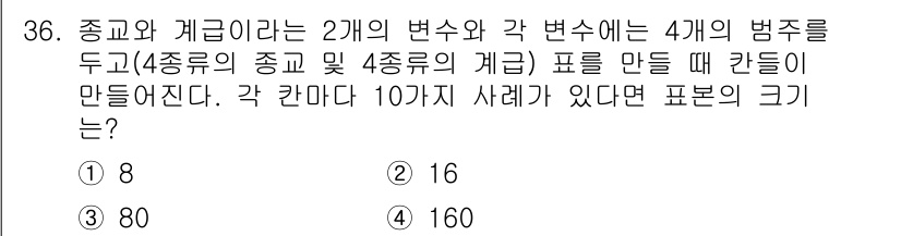 사회조사분석사_2급 2020년 36번 - 주어진 문제는 두 변수(종교와 계급)와 각각의 변수에 해당하는 범주 수를... 에 관한 핵심 기출문제