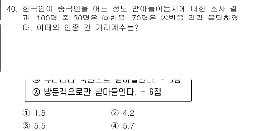 사회조사분석사_2급 2020년 40번 - 주어진 조사 결과에서 30명과 70명의 응답이 각각 반영된 것을 기반으로... 에 관한 핵심 기출문제