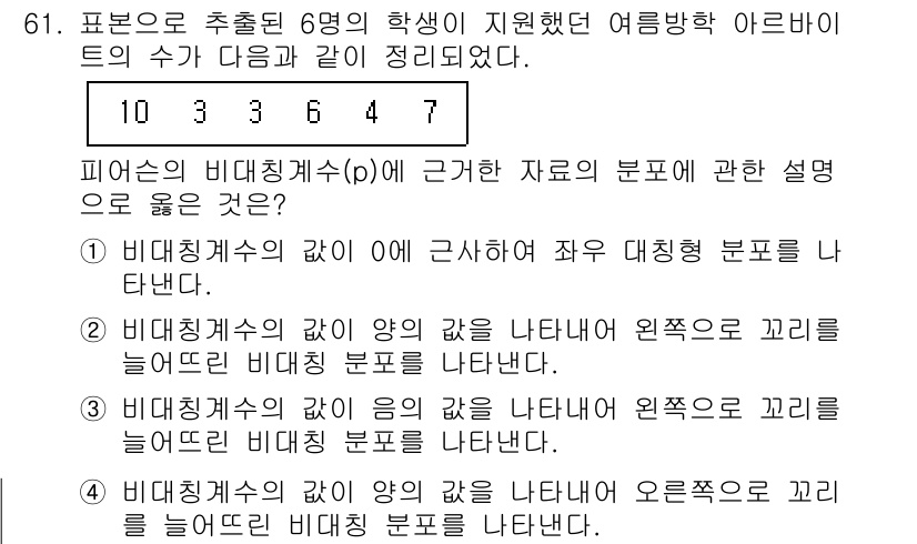 사회조사분석사_2급 2020년 61번 - 피어슨 비대칭계수(p)는 데이터의 비대칭성을 평가하는 지표로, 값이 0에... 에 관한 핵심 기출문제