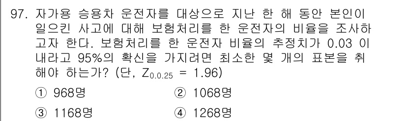 사회조사분석사_2급 2020년 97번 - 주어진 문제는 표본 크기를 계산하는 질문으로, 비율 추정에 필요한 최소 ... 에 관한 핵심 기출문제